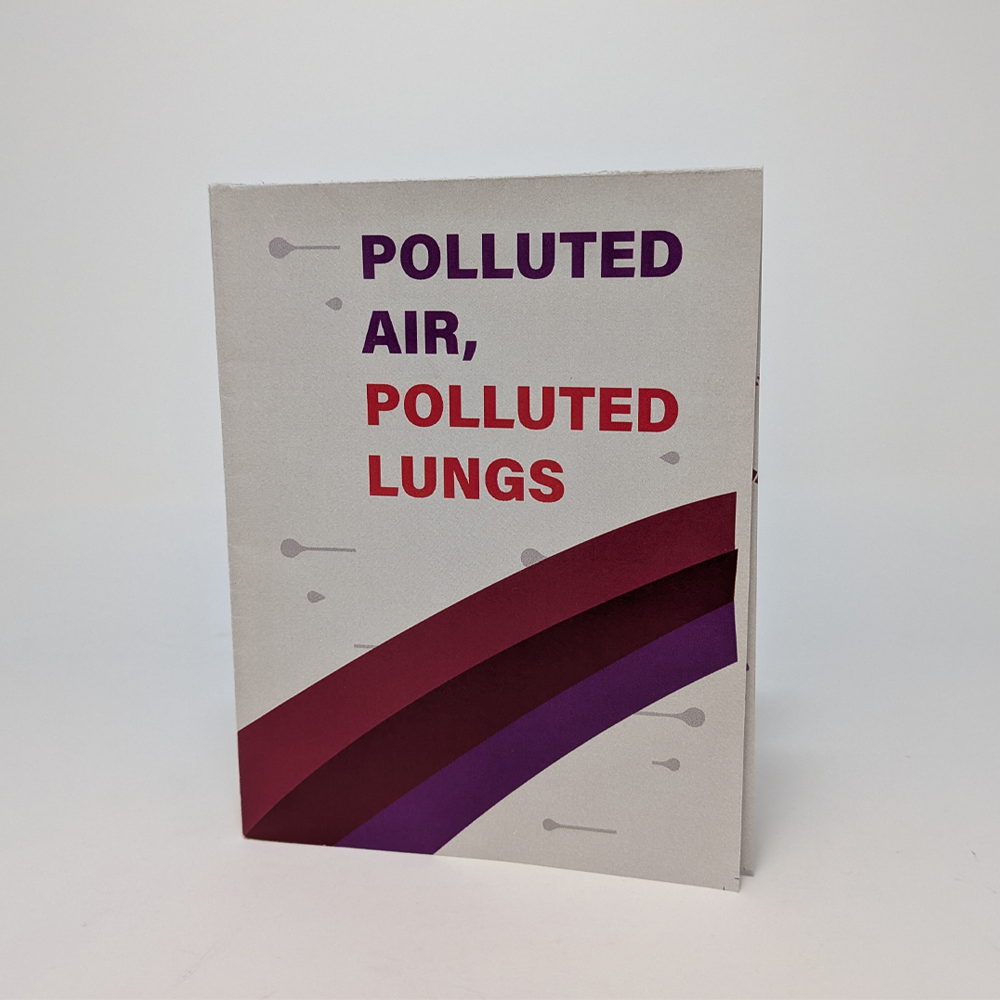 photo of a small light gray booklet with red and purple text that reads 'Polluted Air, Polluted Lungs' ona  light gray background