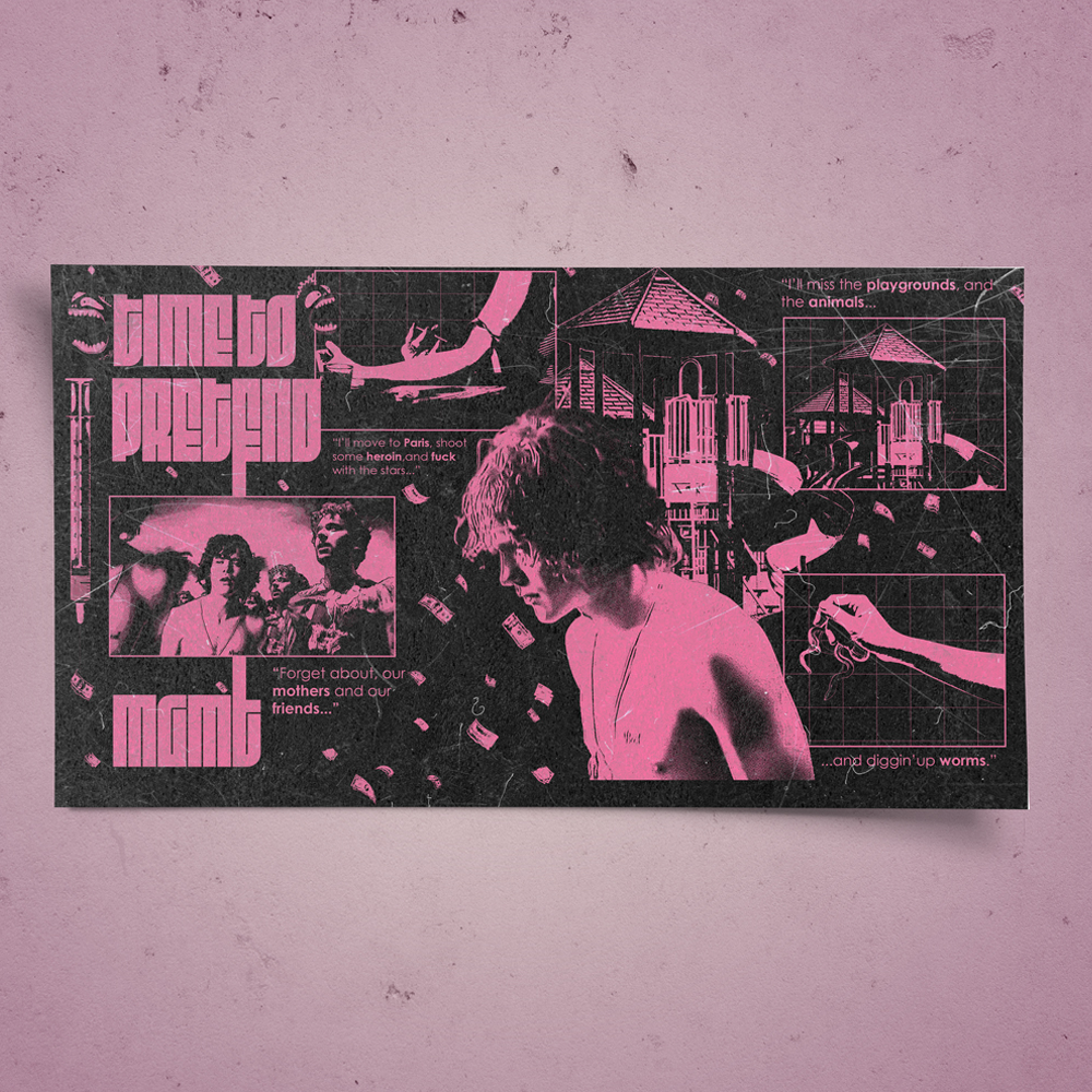 photo of a long black and light blue poster with a collage-like layout with bold text and distorted images depciting a ship sinking and the moon with a creepy face